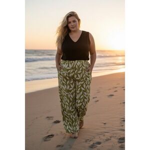 Palazzo Pants Tie-Front Flowy Wide Leg Ava & Viv Green Leaf Plus Size XXL 2XL